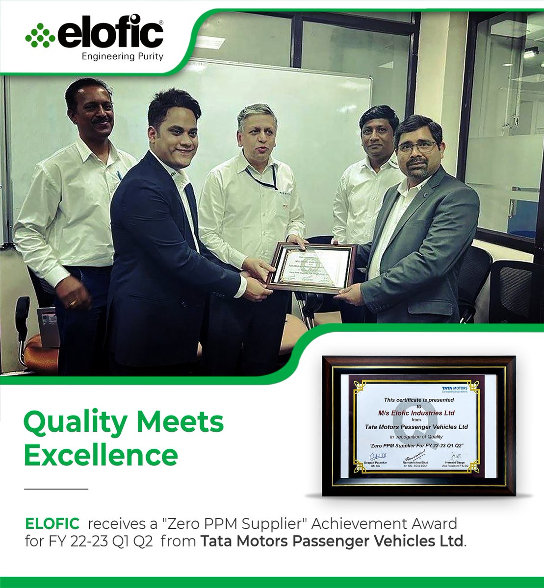 EloficLimited's tweet photo. Elofic receives a "Zero PPM Supplier" Achievement Award for FY 22-23 Q1 Q2 from Tata Motors Passenger Vehicles Ltd.
.
.
#Elofic #Tatamotors #Quality #ZeroPPMSupplier #Award #Automotive #Filters https://t.co/2MCw8VFud6