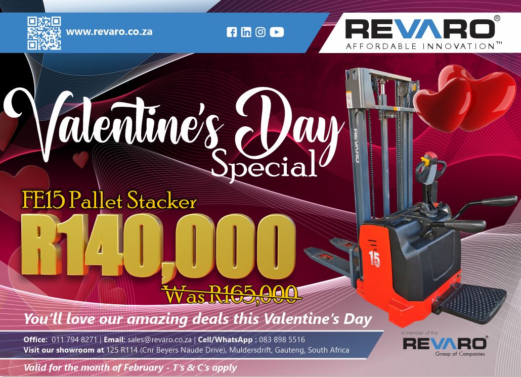 RevaroGroup's tweet image. 💕Get R25 000 off on your purchase of the Revaro FE15 Electric Pallet Stacker. 
Order now and enjoy a hassle-free Valentine&apos;s Day 💕 
Tel: 011 794 8271
Email: sales@revaro.co.za
Web: revaro.co.za/product/fe15/t…

#Revaro #ElectricPalletStacker #ValentinesSpecial #Efficiency #forklifts