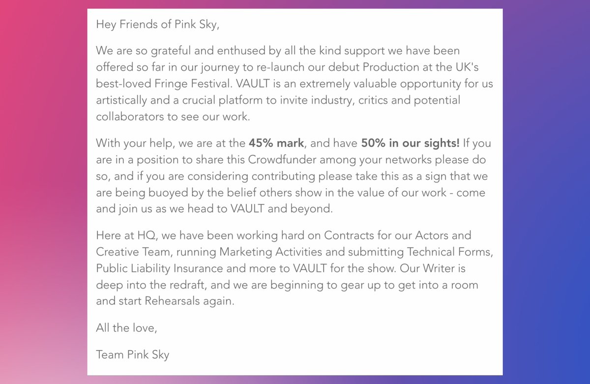 Here's our message to you lovely people - every pound get's us closer! #Vaultfestival #VAULTFestival23 #VAULTConnect
-
 #crowdfund #crowdfunding #crowdfundingcampaign #kickstarter #kickstartercampaign #donate #support #fundraising #crowdfundingproject #funding #crowdfunder