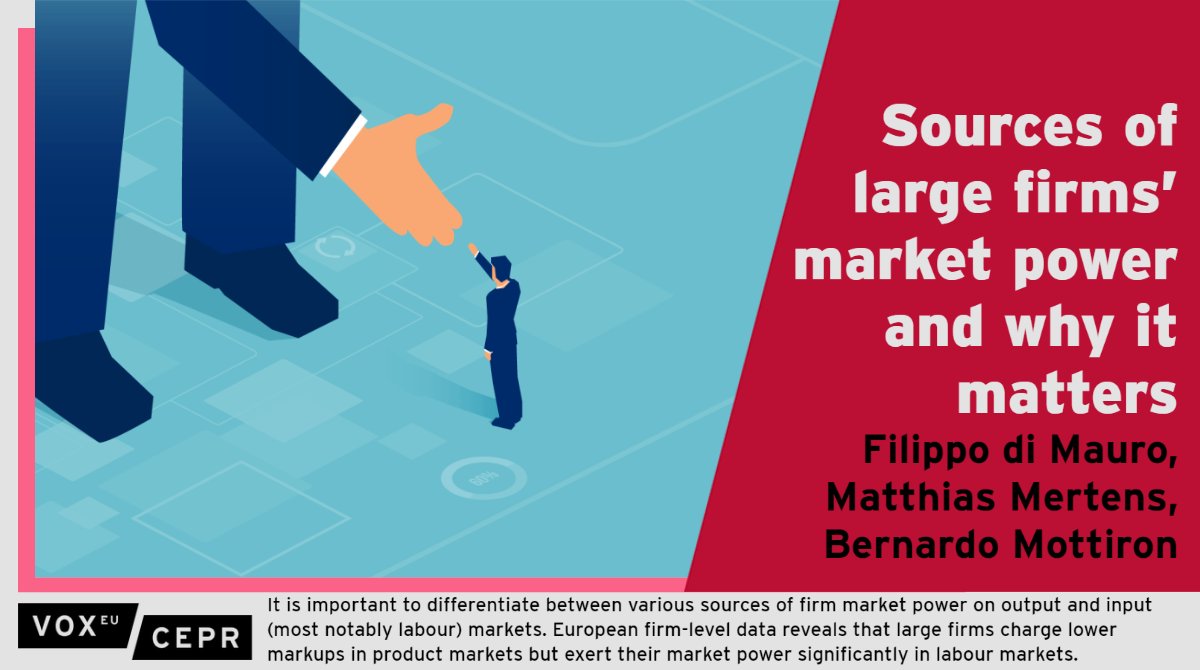 VoxEU (@voxeu) on Twitter photo Why it is important to differentiate between various sources of firm market power on output and input (most notably labour) markets.
Filippo di Mauro, Matthias Mertens <a href="/IWH_Halle/">IWH</a> <a href="/CompNet9/">CompNet</a>, <a href="/bmottironi/">Bernardo Mottironi</a> <a href="/LSEEcon/">LSE Department of Economics</a>
ow.ly/1wfC50Mtxl2
#EconTwitter Why it is important to differentiate between various sources of firm market power on output and input (most notably labour) markets.
Filippo di Mauro, Matthias Mertens <a href="/IWH_Halle/">IWH</a> <a href="/CompNet9/">CompNet</a>, <a href="/bmottironi/">Bernardo Mottironi</a> <a href="/LSEEcon/">LSE Department of Economics</a>
ow.ly/1wfC50Mtxl2
#EconTwitter