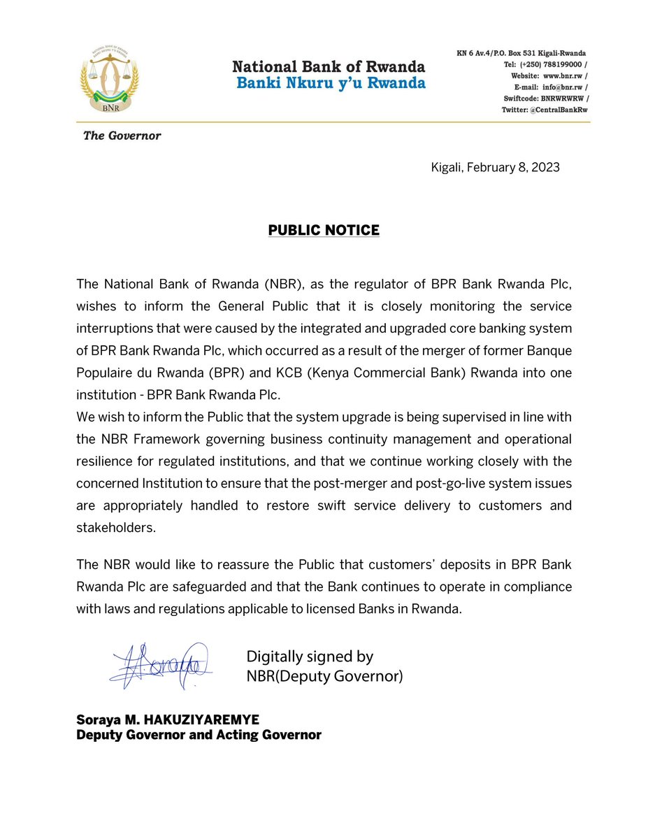 PUBLIC NOTICE: Service interruptions that were caused by the integrated and upgraded core banking system of <a href="/BPRbankrw/">BPR Bank Rwanda Plc</a>.