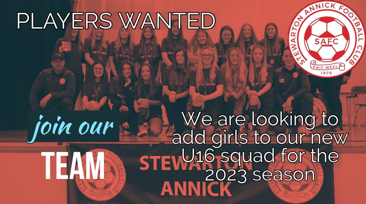 Looking for some girls (born 2007/8) to join our new U16 team, no experience necessary. Come along meet our friendly squad and have fun. 

<a href="/Jax_Mc_Media/">Jax Mc Media</a> <a href="/Jax_Noticeboard/">Jax Mc Media Noticeboard</a> <a href="/GirlsResults/">Scottish Football Results - Girls/Women</a> <a href="/ScotFASouthWest/">South West Region</a> <a href="/teamfindswf/">Womens Team Finder Scotland</a> <a href="/trials_uk/">Girls Football Trials UK</a> @WSWGirlsScot <a href="/ScotWFootball/">Scottish Women’s Football</a>