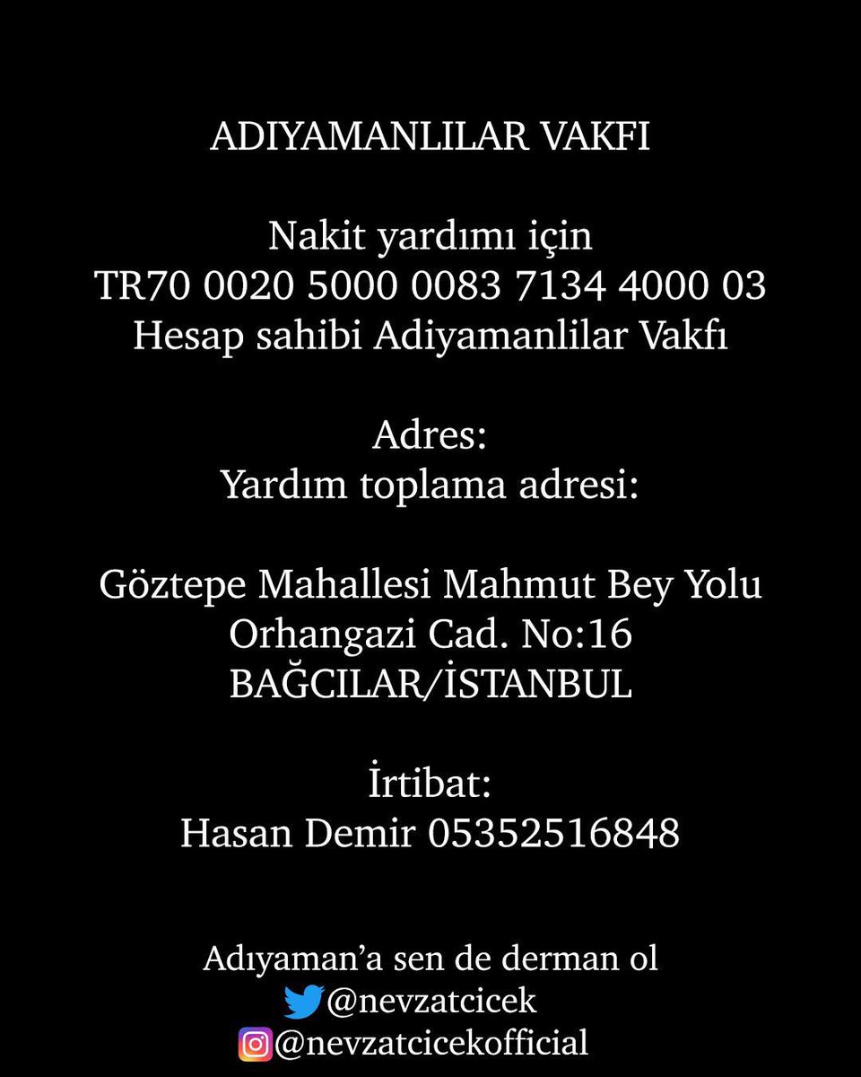 nevzatcicek's tweet photo. İstanbul’da Adıyamanlılar için yardım toplama merkezlerimiz https://t.co/2SruD0JXsp