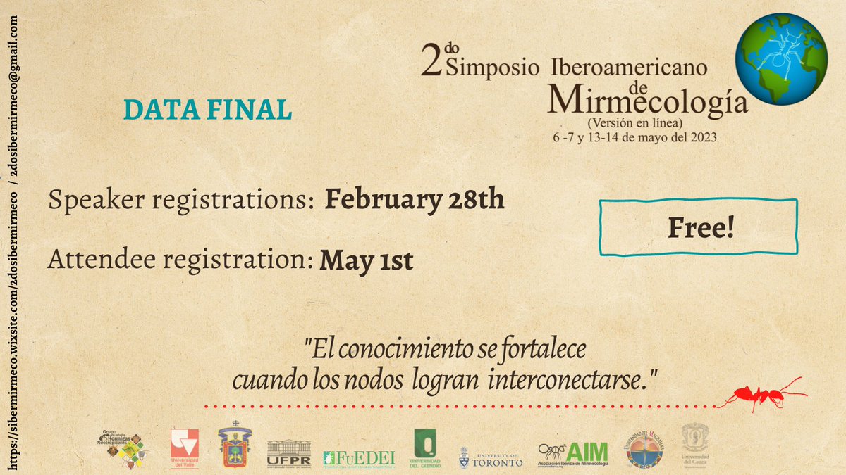Are you interested in ants and do you speak English, Spanish or Portuguese? You still have time to register as attendant (deadline 1st May) or speaker (deadline  28 Febr) in the 2nd Ibero-American Symposium on Myrmecology.  sibermirmeco.wixsite.com/2dosibermirmeco