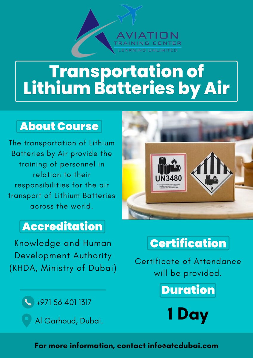 atcdubai_llc's tweet image. This course will equip delegates to understand how lithium batteries work and what hazards do they pose during transportation.
info@atcdubai.com
+971 4 259 555 6
+971 56 401 1317
#cargo #lithiumbattery #cargocourse #aviation #certification #IATACertified #IATATraining