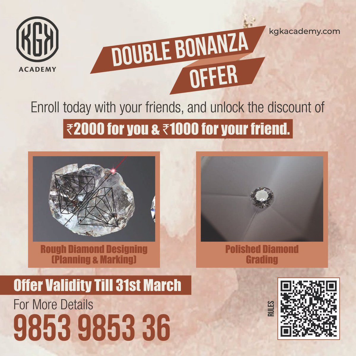 KgkAcademy's tweet image. Yay! It's a double bonanza offer, enroll with your friend and unlock offers like never before.

Hurry, register now!

#RoughDiamondDesigning #PolishedDiamondGrading  #KGKAcademy #course #GemsandJewellery #academy #diamondacademy #learning #training #career #students #surat