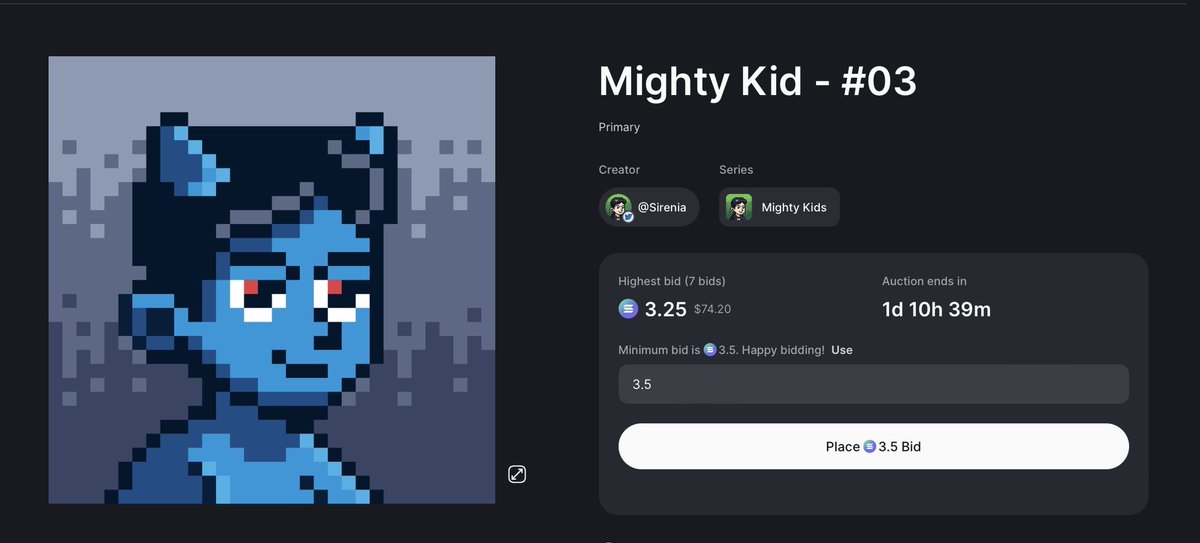 GM! Update for the Mighty Kid - #03 auction: higest bid at 3.5 SOL so far. What a good start! Thank you for everyone support for this! 🙌🏻