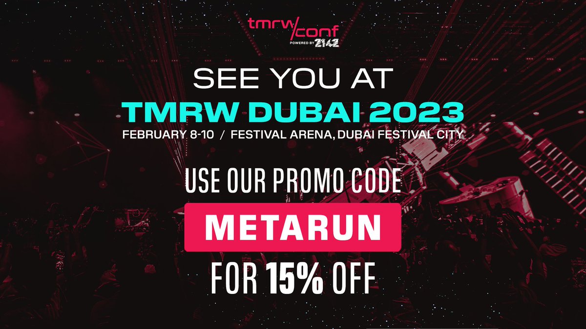🔥 News! Metarun partners with TMRW Conf in #Dubai &amp; giving away 2 free passes! 🎟️ DM us to win! 

🌎 Over 80 global speakers discussing emerging tech trends! 💻 Blockchain, Metaverse, NFT &amp; Web3! 💡 Don't miss out! #TMRWConference #Web3 #BNB 

tmrwconf.net/dubai-conferen…