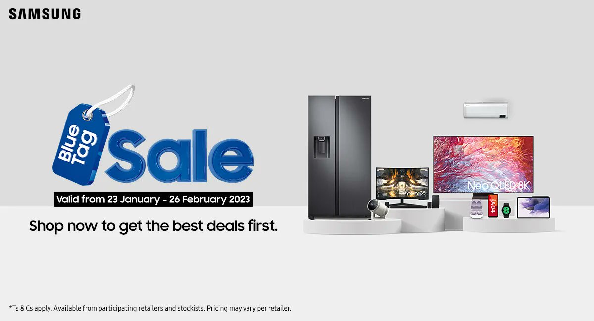 947's tweet photo. Kick off the new year with the latest @SamsungSA products &amp; WIN up to R10,000 with the Blue Tag Sale!

Find a Blue Tag product you’d love to own &amp; take a photo of it.
Share to Twitter by tagging @SamsungSA &amp; use #BlueTagSale! 

Ts &amp; Cs apply https://t.co/Apa2AY9SQN