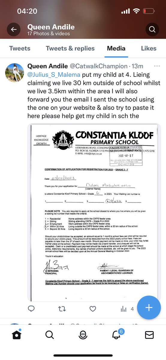 CatwalkChampion's tweet photo. @SteveMabona @Julius_S_Malema @DBE_SA Help get my child in2a School dep of education in Florida (Johannesburg west) is failing me including a racist admin clerk who lied &amp; said child won’t be placed cos we live 30km outside the school &amp; she’s lieing we are 3,5 km within https://t.co/TlcnaXIE4a