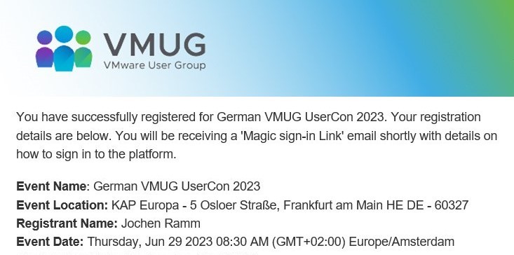 Just registered for the German VMware Usergroup Conference in Frankfurt on June 29th. Get your free ticket, it will be a great event! Info &amp; registration: bit.ly/3XevH9n
What about you <a href="/LarsFiechtner/">Lars Fiechtner</a> <a href="/bbrundert/">Bjoern Brundert (inactive)</a> <a href="/TinaKrogull/">Tina Krogull</a> <a href="/sebaffm/">Sebastian Damrath 🐁</a> <a href="/raimes/">Raiko Mesterheide</a> @vmw_rguske  <a href="/vmware_de/">VMware DACH</a> #vmug?