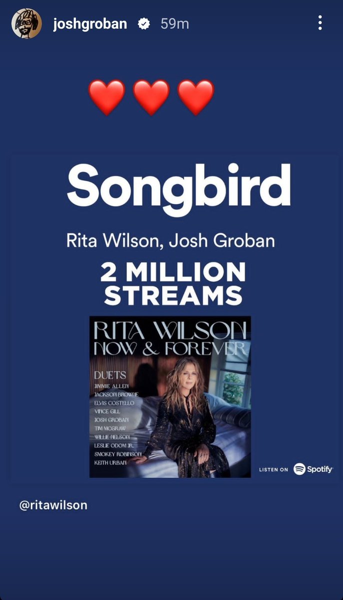 Timpanist's tweet photo. #instastory from .@joshgroban ❤❤❤ #Songbird #2MillionStreams @RitaWilson @Spotify https://t.co/2N6H3eK60q