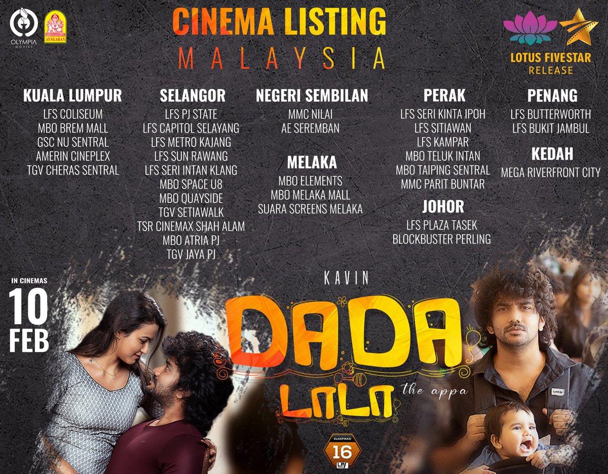 #DADA in Malaysia Theaters List 🔥

Check your showtimes and don't miss out on this fun-filled entertainer ❤

A @LotusFivestarAV Release 🍼

@OlympiaMovies @Kavin_m_0431 @aparnaDasss  @ganeshkbabu @thinkmusicindia @JenMartinmusic  #LFSMovies #LotusFiveStarAV