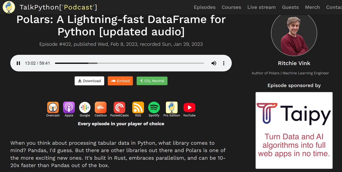 Taipy_io's tweet image. 🎙 Check out last #TalkPython podcast!
Episode sponsored by Taipy🤩
👉 talkpython.fm/episodes/show/…
Special thanks to @mkennedy!
👂#Taipy ad appears at:
1:16 - intro
14:54 - main midroll
57:11 - outro
#podcast #python #Taipy #Data