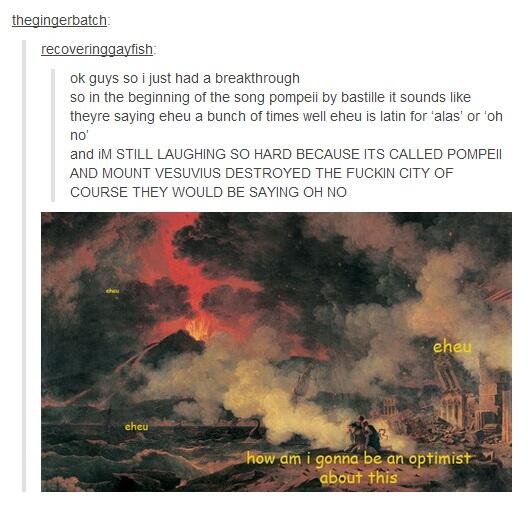 CSMFHT's tweet photo. I've always loved Bastille's 'Pompeii' and their debut album 'Bad Blood', not least for giving us this meme. But did you know it has a number of other Classical references? I've written a little bit about it on today's post: https://t.co/cz3IKM1T6C https://t.co/eDGTjQyFrk