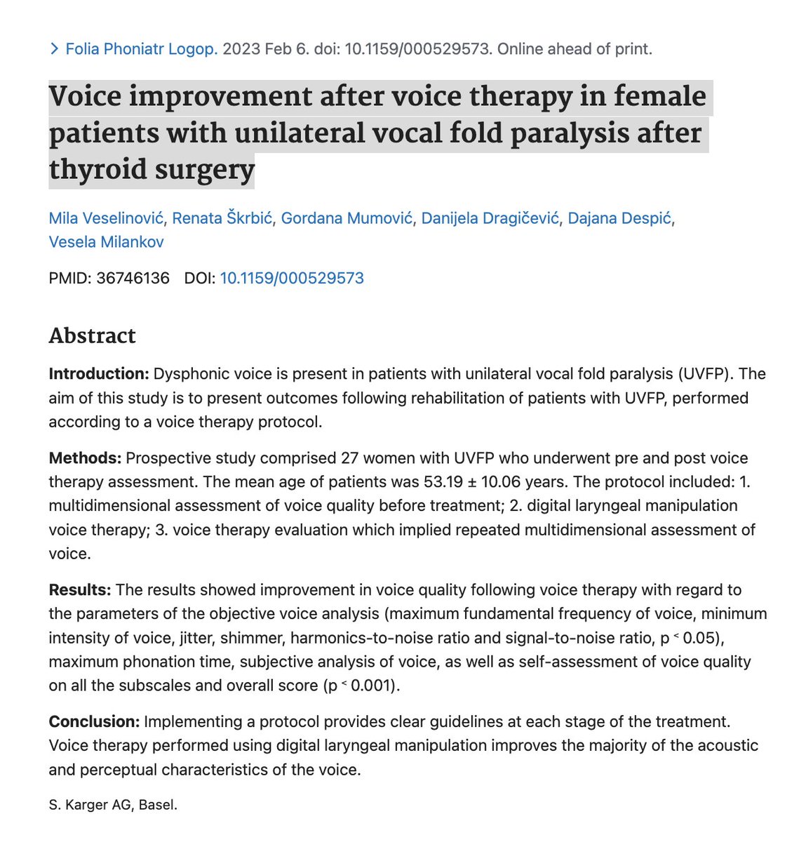 Phoniatrics13's tweet photo. Voice improvement after voice therapy in female patients with unilateral vocal fold paralysis after thyroid surgery.

https://t.co/UEYmgnW9mQ https://t.co/nvvew76BTl