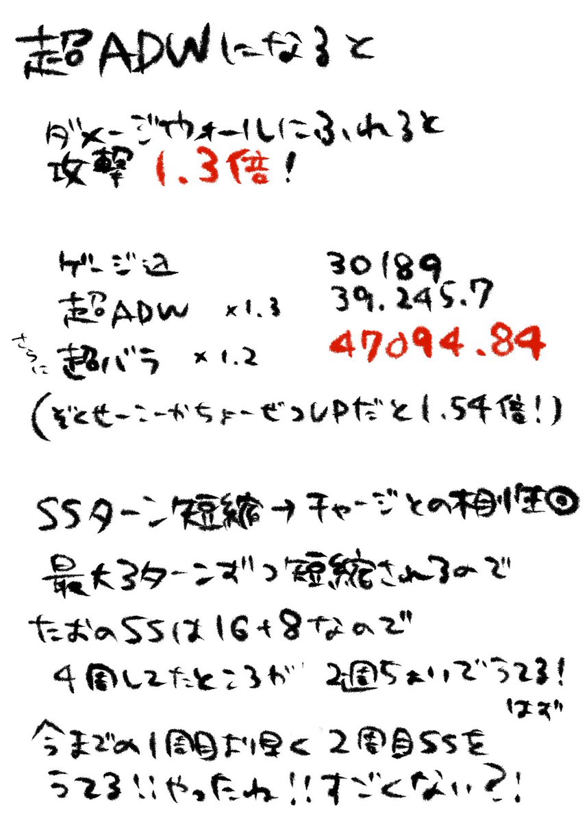 計算(というか数字が)苦手なので間違えてたらそっと教えてあげてください

そもそも掛け算に掛け算していいのか?白猫だと足し算もあるよねほんと意味わかんない
友撃のあたり計算しても違う数字出てきたから諦めました

あとペンがすごく読みにくいやつだったから途中でしれっと変えた 