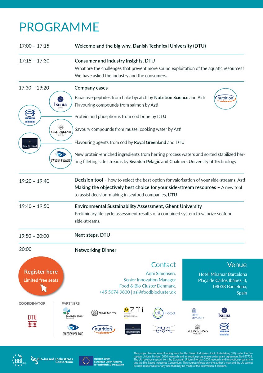 👀Looking to get more value from your #seafood #sidestreams?💰 Check out this conference programme👇 WHEN & WHERE 📅 24 April 2023 from 17-22 hours 📍 Hotel Miramar Barcelona, Spain 💰 Price: Free ✏Limited seats: Learn more here ➡ bit.ly/3RJjJnc