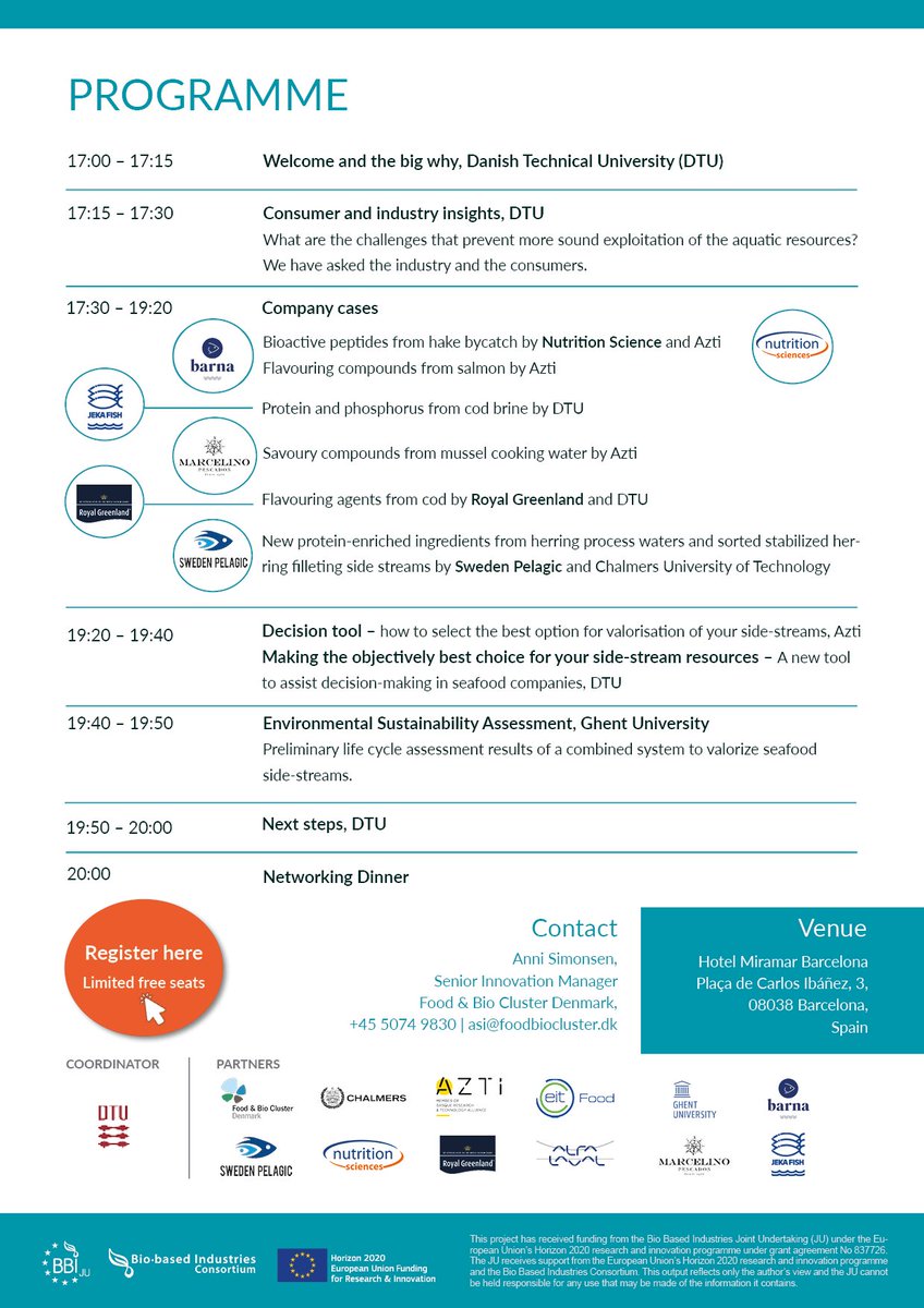 👀Looking to get more value from your #seafood #sidestreams?💰

Check out this conference programme👇

WHEN &amp; WHERE
📅 24 April 2023 from 17-22 hours 
📍 Hotel Miramar Barcelona, Spain 
💰 Price: Free
✏Limited seats: Learn more here ➡ bit.ly/3RJjJnc