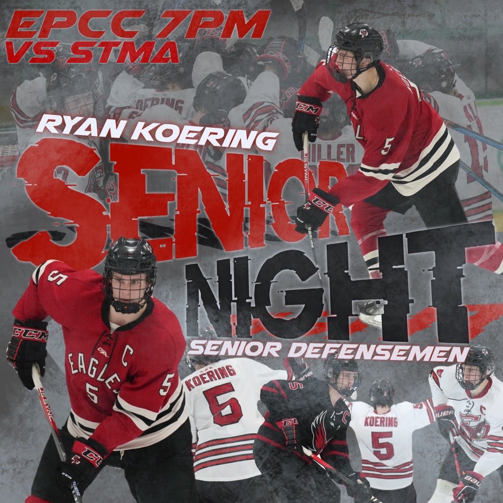 Senior Night and Game Night - all rolled into one for the one and only Senior Ryan Koering! 

It’s the Eden Prairie Eagles vs the St. Michael Albertville Knights.  Cheer on the Eagles tonight at the EPCC! 

Varsity at 7 pm / JV at 5 pm
Senior Shout Out following the JV game!