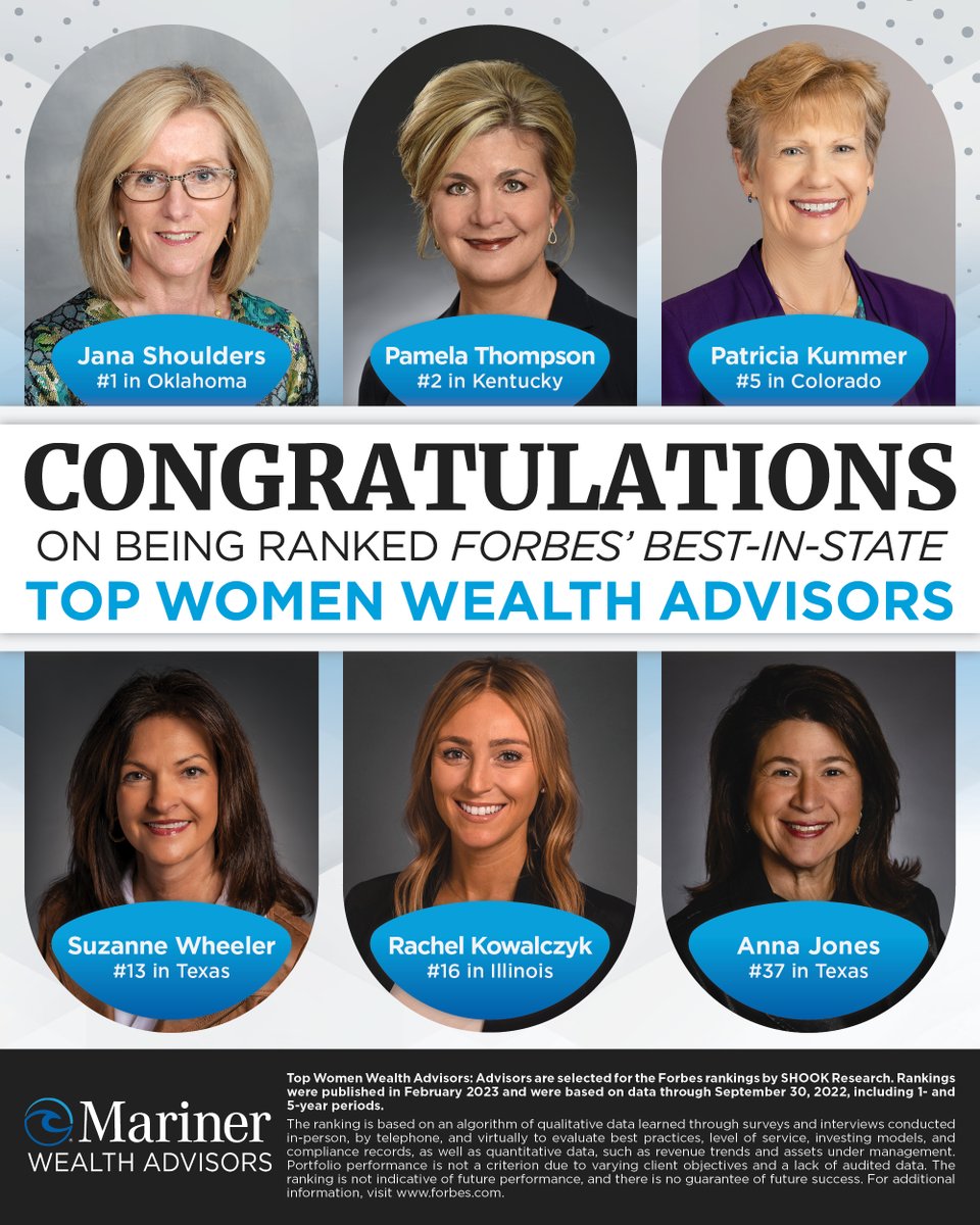 I am honored and thrilled to work with these women! Congratulations Jana Shoulders, Pamela Thompson, Patricia Kummer, Suzanne Wheeler, Rachel Kowalczyk and Anna Jones on being recognized on Forbes’ Top Women Wealth Advisors Best-In-State Wealth Advisors list.