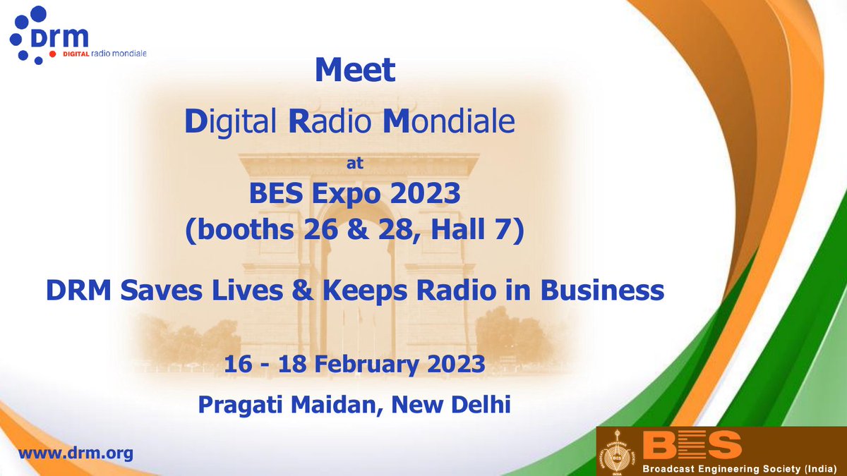 DRM @ Broadcast Engineering Society Exhibition and Conference 2023 in Delhi, India with  Ampegon, <a href="/CMLMicro/">CML Micro</a>, <a href="/FraunhoferIIS/">Fraunhofer IIS</a>, Gospell, RFmondial, Starwaves, <a href="/inntot/">Inntot Technologies</a>, <a href="/global_mobis/">Hyundai Mobis Global</a>, OptM Media Solutions, Ittiam Systems

drm.org/drm-digital-ra…