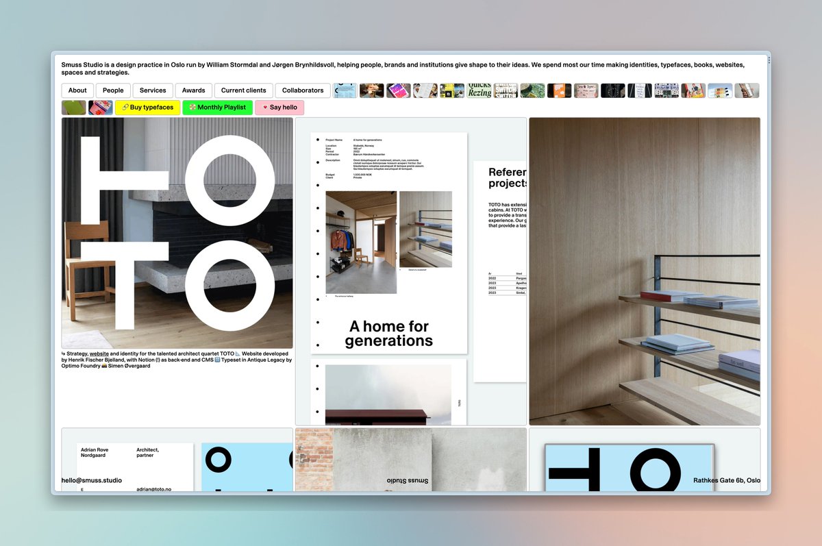 smuss.studio
Norwegian design studio run by William Stormdal and Jørgen Brynhildsvoll. Using Notion as a CMS.