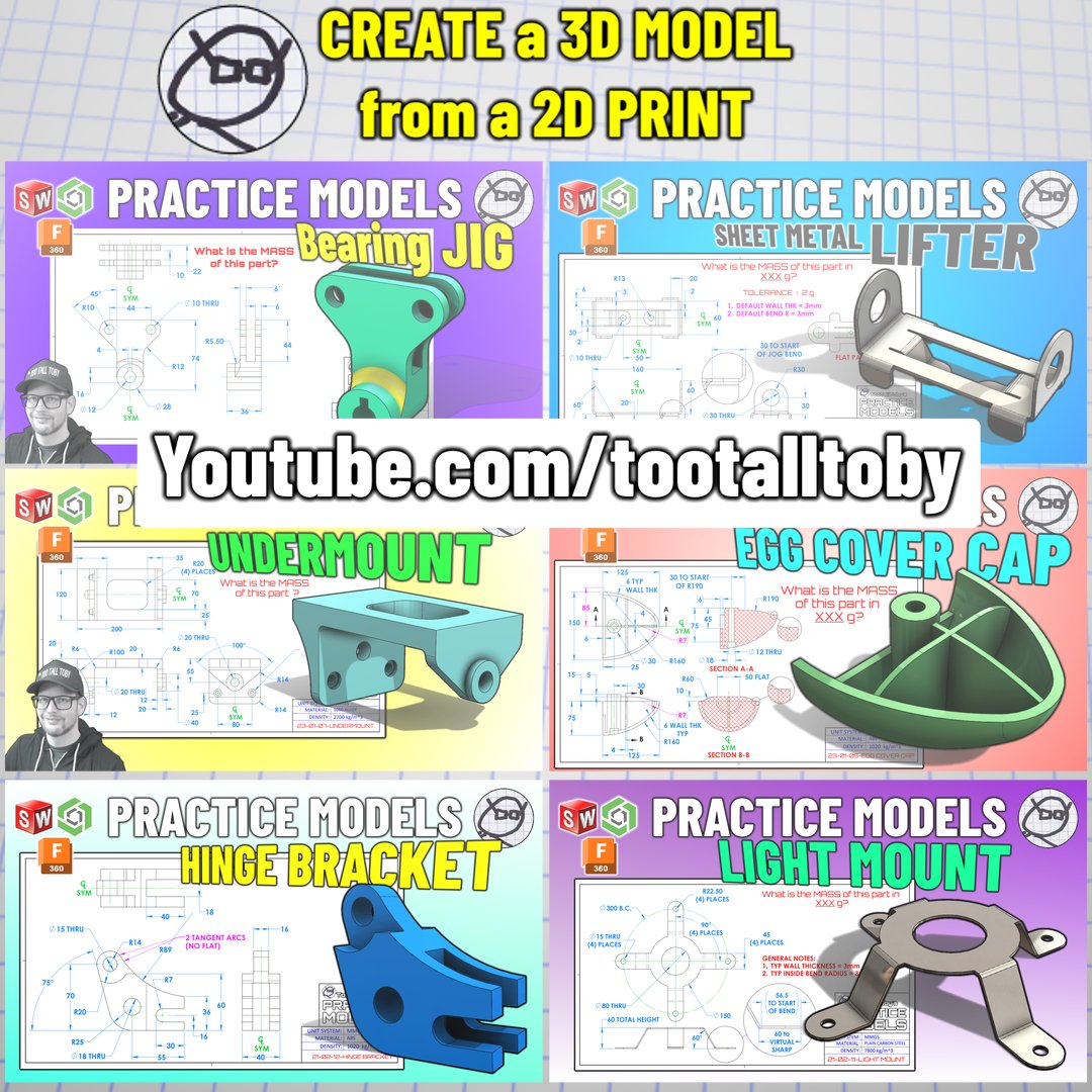 TooTallToby's tweet photo. Looking for 34 free PRACTICE going from #drawings to #3dcad - here are some exercises for all #onshape #solidworks #fusion360 #solidMAP #inventor #freeCAD users! 

Playlist of 34 challenges here: https://t.co/OxAaCGaLK8 https://t.co/PtwnFJzad1