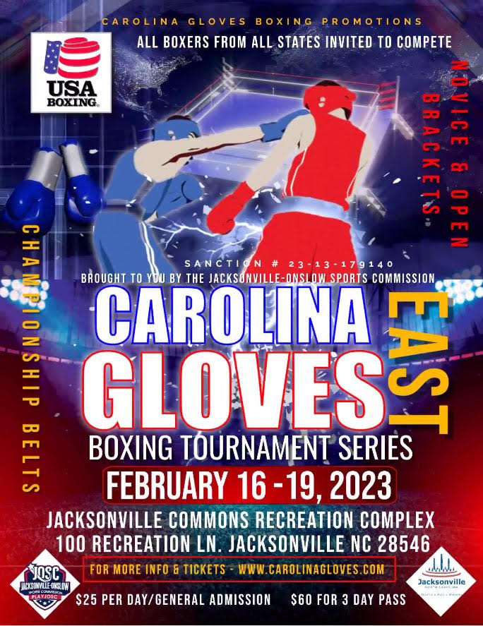 PlayJOSC's tweet image. Carolina Gloves East is next weekend! 

Tickets will be available at the door only. 

Location: Commons Recreation Complex, Jacksonville NC