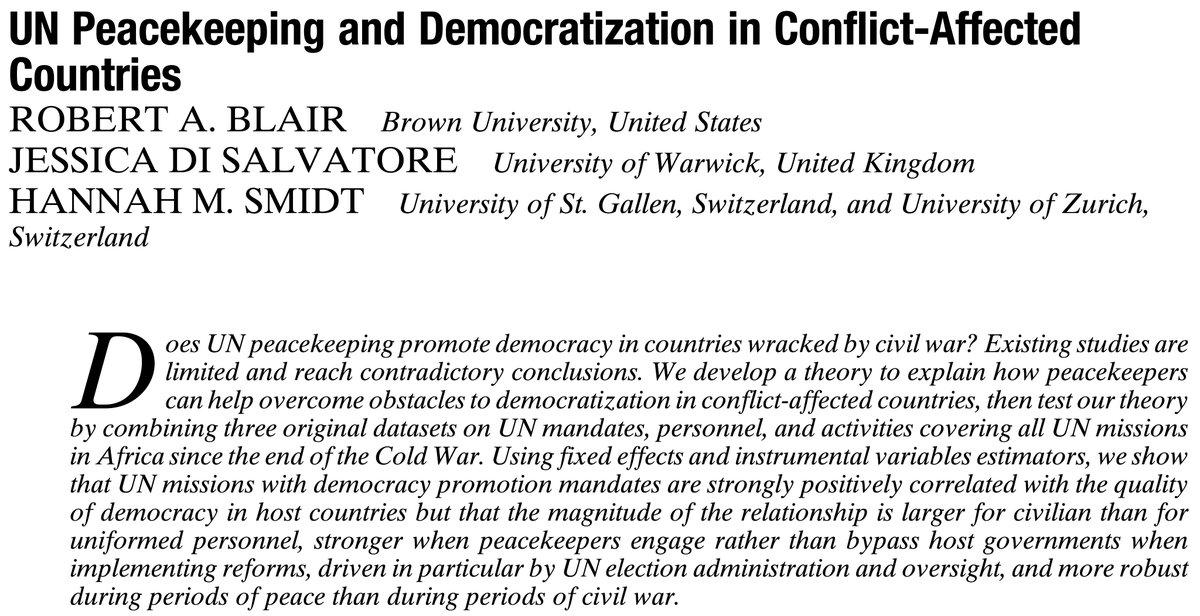 robert_a_blair's tweet image. How peacekeepers build democracies cambridge.org/core/journals/… New paper w @jessdisal @hannah_smidt now in #FirstView at @apsrjournal