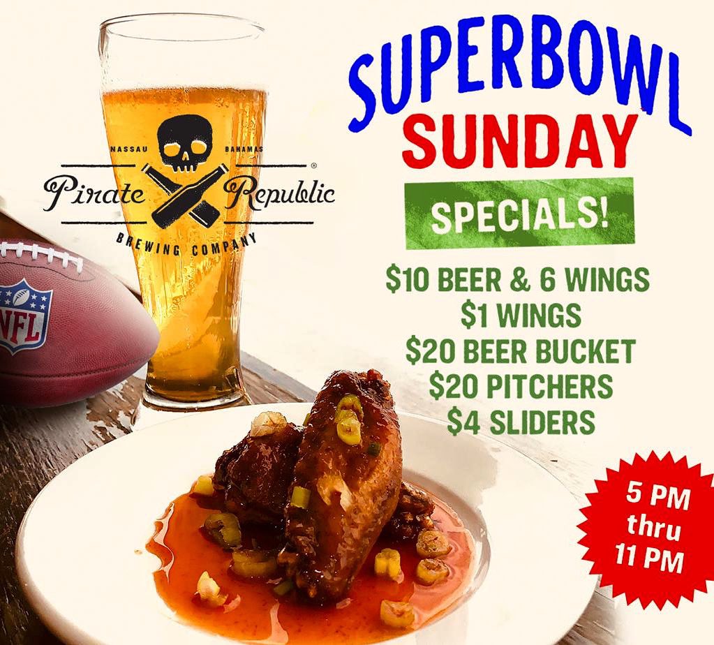 Come get your Super Bowl vibes on at Pirate Republic. Bring your crew. Drink ya brew. Do ya ting. Eat ya wing. Let the best team win - yours! #drinkonyourterms #craftbeer #bahamas #SuperBowl