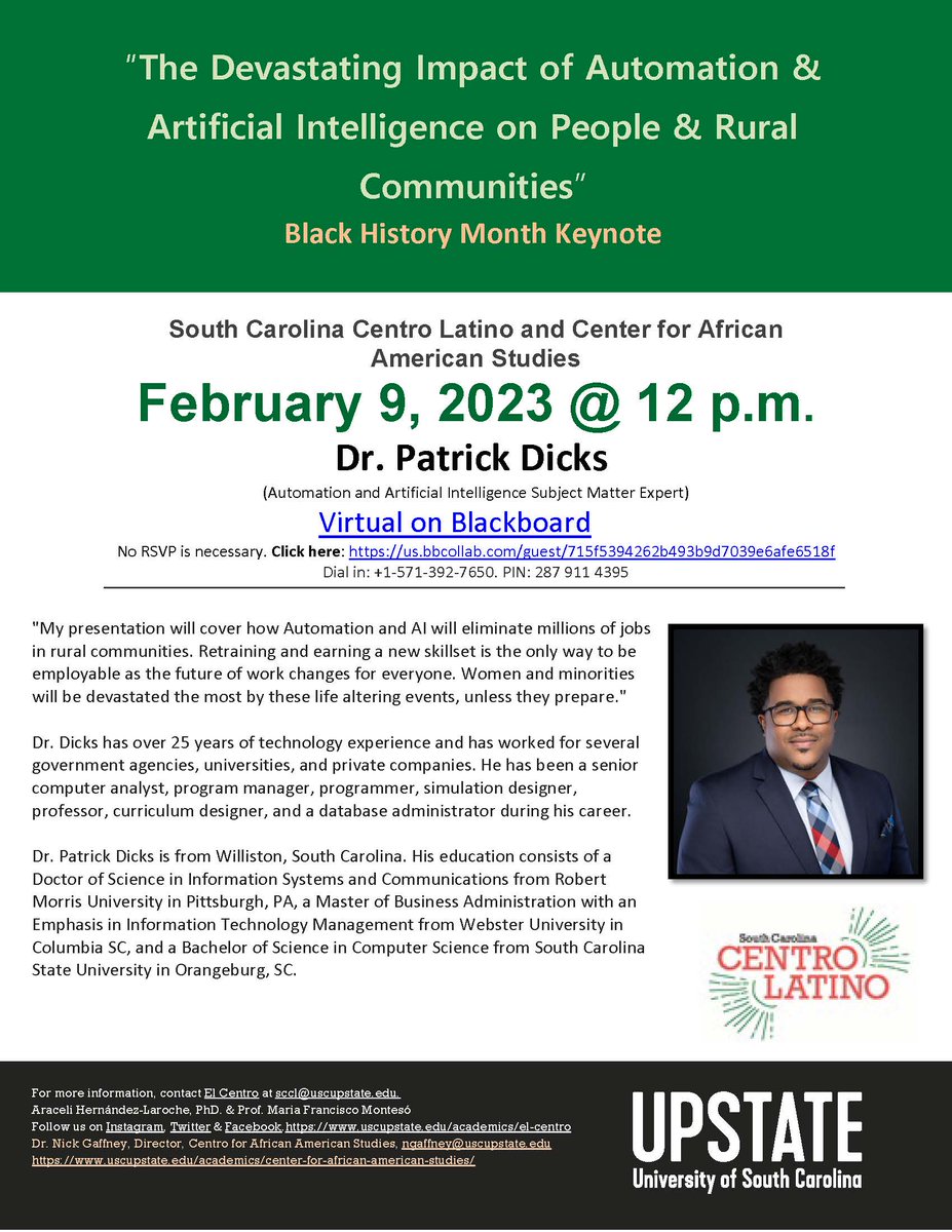 AraceliHLaroche's tweet photo. All invited to virtual event on Feb. 9., 12pm EST 
Click here:
https://t.co/fB4YQNk2Sm
Dial in: +1-571-392-7650
PIN: 287 911 4395
#blackhistorymonth #FR1011 #SCCentroLatino @SCCentroLatino @MontesoFM #uscupstate https://t.co/u3PiEQas7k
