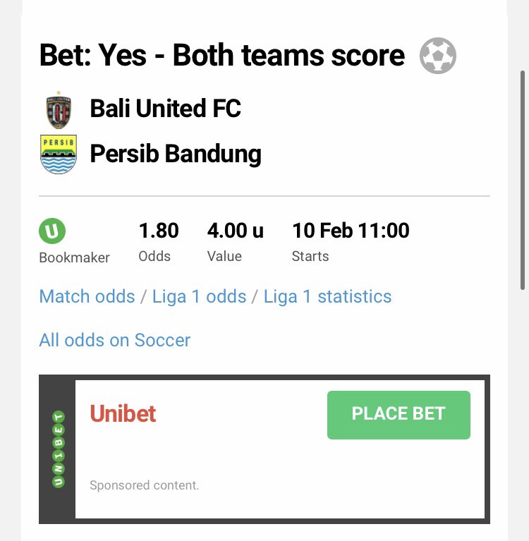 🇮🇩 #BetOfTheDay Friday 🇮🇩 

#bettingtips #bettingtwitter #bettingpicks #GamblingTwitter #speltips #betting #Unibet #gambling #Football #bettingexpert #bettingtipster #BOTD #BaliUnited #Bali #PersibBandung #Indonesia #BTTS #BothTeamToScore #Liga1 #liga1indonesia