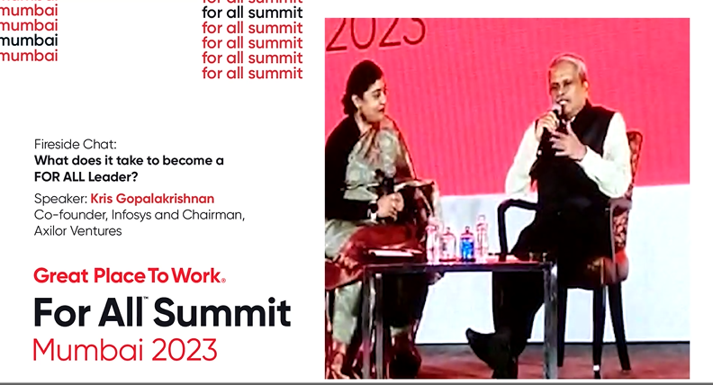 GPTW_India's tweet photo. Our next speaker, @kris_sg Kris Gopalakrishnan, Co-founder of Infosys and Chairman of Axilor Ventures in - throws some light on agility, innovation, maximized human potential and becoming a For All Leader in conversation with @Yeshasvini Ramaswamy.
#GPTW4ALL #ForAllSummit https://t.co/Zjta1wNphN