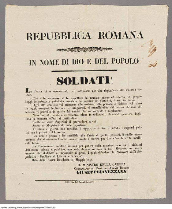 Broadside from 3 May 1849 addressed to soldiers of the Roman Republic