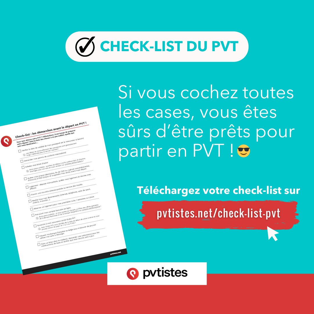 pvtistes's tweet photo. ✅ Administratif, santé, conseils pratiques… Si vous cochez toutes les cases, vous êtes sûrs d’être prêts pour partir en #PVT !
💡 Téléchargez votre check-list 👉 https://t.co/cqrozp1H2x
#pvtistes #pvtcanada #pvtaustralie #pvtnouvellezelande #pvtcorée #pvtjapon #pvtmexique https://t.co/cwpbrSSLLO