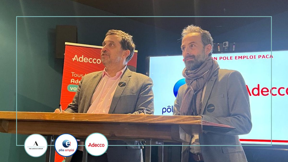 AdeccoGroupFR's tweet photo. 🤝 Notre Groupe renforce ses liens avec @poleemploi_paca !

🎯@Pascalblain13 et Sylvain Coulange ont signé un accord d’engagement et d’action pour agir localement en faveur du #PleinEmploi et de l’#insertion professionnelle.

#recrutement #formation https://t.co/arfn0GazPp