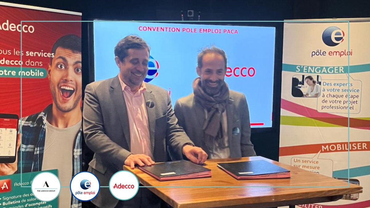 AdeccoGroupFR's tweet photo. 🤝 Notre Groupe renforce ses liens avec @poleemploi_paca !

🎯@Pascalblain13 et Sylvain Coulange ont signé un accord d’engagement et d’action pour agir localement en faveur du #PleinEmploi et de l’#insertion professionnelle.

#recrutement #formation https://t.co/arfn0GazPp