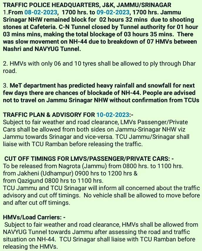 Traffic_hqrs's tweet photo. Traffic plan for 10-02-2023
@JmuKmrPolice @JKTransportDept @OfficeOfLGJandK @Divcomjammu @DivisionalComm1 @ZPHQJammu @diprjk @ddnews_jammu @ddnewsSrinagar @ddnewsladakh https://t.co/3flBNU55vG