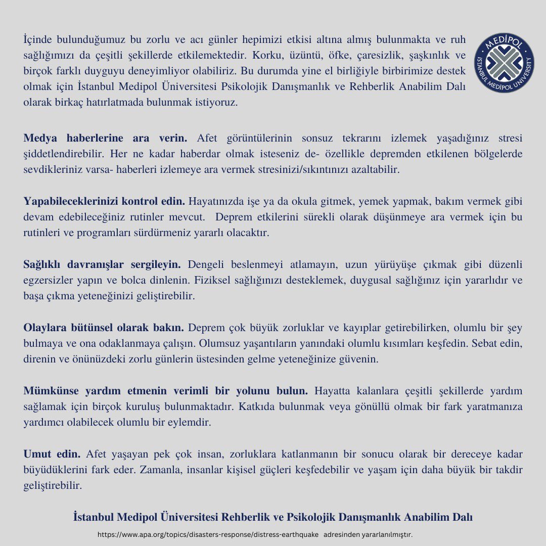 MedipolPDR's tweet photo. Hepimizi etkileyen bu zorlu ve acı günlerde birbirimize destek olmak için birkaç hatırlatmada bulunmak istiyoruz. https://t.co/Wi0a8gYwEy