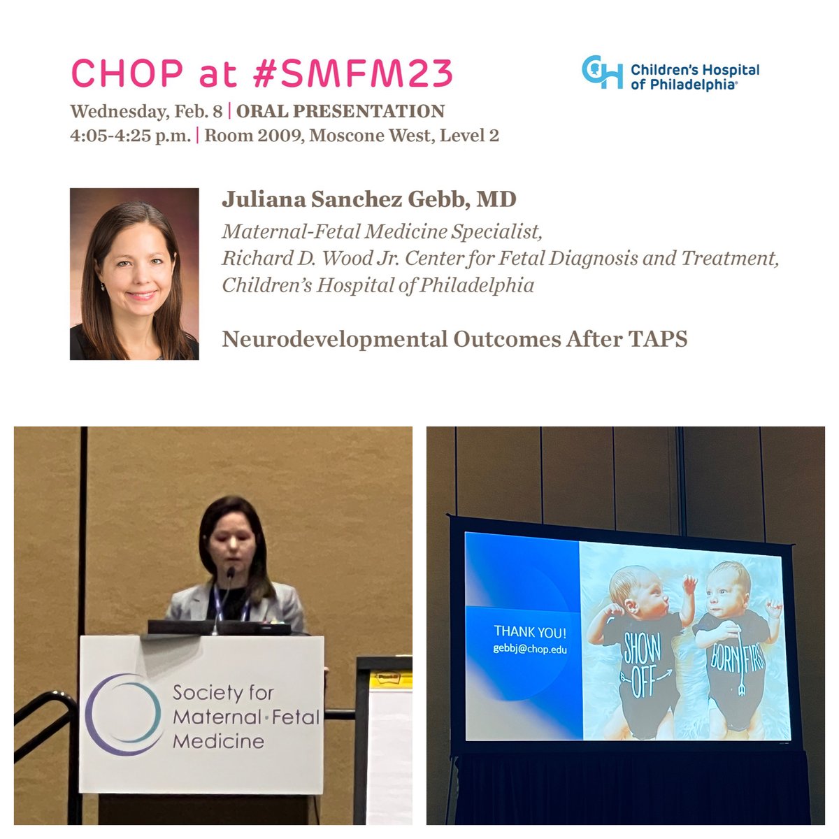 Dr. Gebb discussing neurodevelopmental outcomes after TAPS at #SMFM23