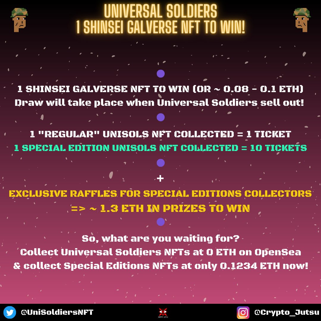 UniSoldiersNFT's tweet photo. UNIVERSAL SOLDIERS FREE MINT - GIVEAWAY
To win: 1 @galverseNFT NFT for a collector when we sell out! ๐
- 1 "regular" UniSols NFT = 1 chance to win
- 1 "Special Edition" NFT = 10 chances
#NFTGiveaway #ShinseiGalverse #WAGMAA #PFP
#FreeMint still live on OS ๐
(read ๐งต ๐) https://t.co/MUtA95ReF4