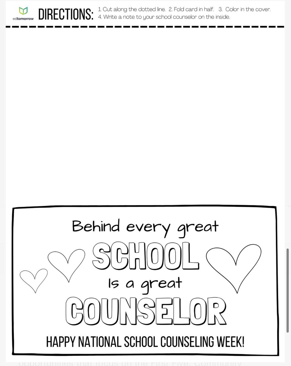 ed_tomorrow's tweet photo. Happy National School Counselor Week! Thank you to the dedicated School Counselors who support the well-being and development of students. Use the card below from The First Five to thank your buildingโs School Counselor! https://t.co/XfMo3mWDKV
#NSCW #edtomorrow #TheFirstFive https://t.co/ZnClejZDBC