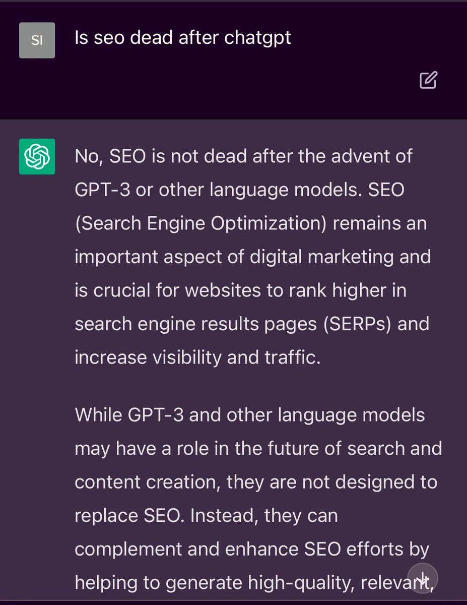 pushkar26's tweet image. #funexperiment Trying to see what #ChatGPT has to say about the future of #SEO - It’s encouraging 👍