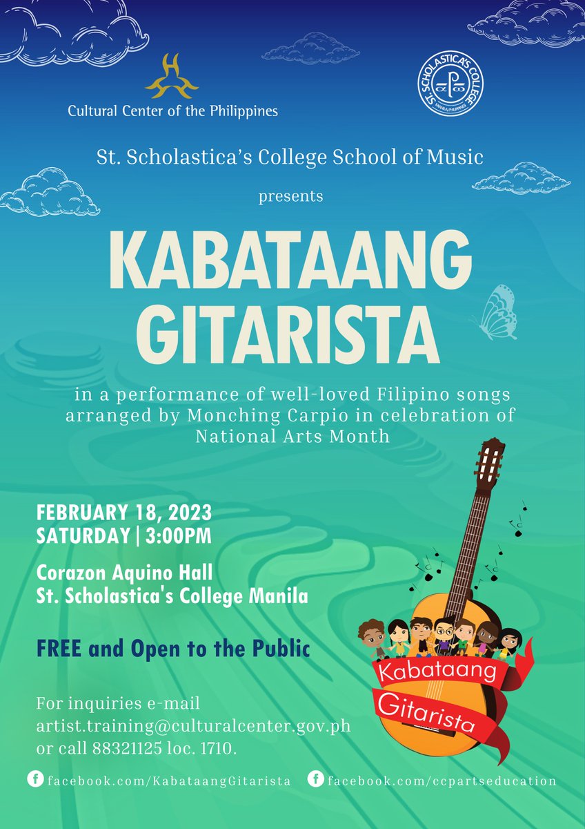 CCPArtsEduc's tweet photo. Celebrate #NationalArtsMonth2023 with Kabataang Gitarista!

#KabataangGitarista will be performing well-loved Filipino songs and folk songs arranged by @monchingcarpio at the Corazon Aquino Hall, @SSCMnlOfficial on 18 February 2023, at 3pm.

#KG2023 #CulturalCenterPH
#NAM2023 https://t.co/zhal01pryR