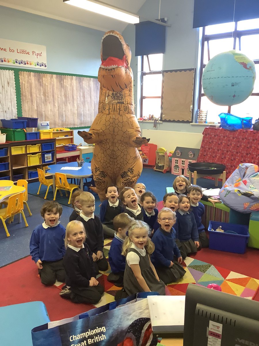 croworchardwn8's tweet photo. This week apple class received a letter from Terry the T-Rex 🦖 saying he would love to come and visit our school. We all wrote letters giving Terry lots of ideas of what we could do on his visit. Look who came to visit us this afternoon!!!! #dancingdino  #penpals https://t.co/RaSMfrW4x8