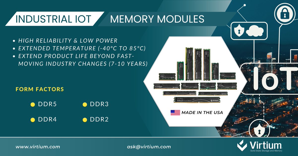Virtium's tweet photo. Virtium supports a wide range of Industrial IoT applications and offers industrial memory products that are built to last. Contact us at ask@virtium.com or visit https://t.co/q3faqTkocu to learn more.
#DDR4 #DDRmemory #industrialiot #iot #Virtium https://t.co/2zGidXzBcw