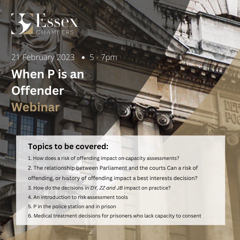 39EssexChambers's tweet photo. EVENT | Following the important and recent decision in DY v A City Council &amp; Anor, our Court of Protection team, returns to the question as to how the law approaches offenders or those at risk of offending when they don’t have the mental capacity to make decisions for themselves. https://t.co/nPGf2xygEe