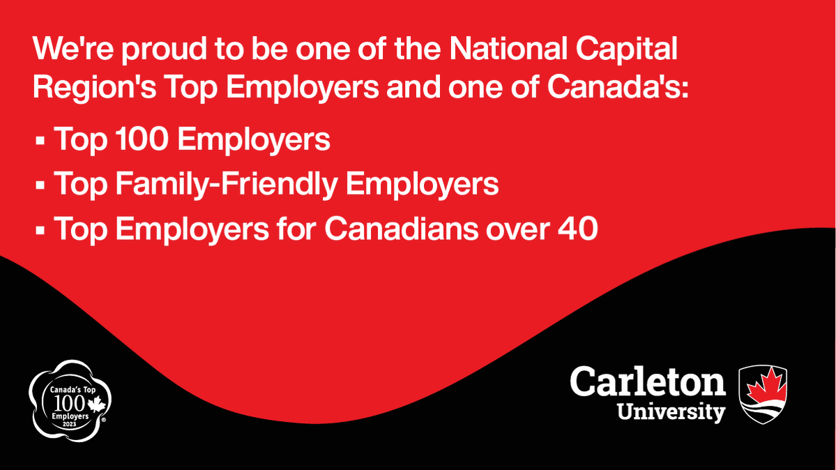 Carleton_U's tweet image. Big news for #CarletonU🚨

We've been named one of Canada’s Top 100 Employers, one of the National Capital Region’s Top Employers and one of 🇨🇦's Top Family-Friendly Employers! @top_employers 

Discover what makes us an innovative &amp;amp; inclusive community:
newsroom.carleton.ca/2023/ncr-famil…