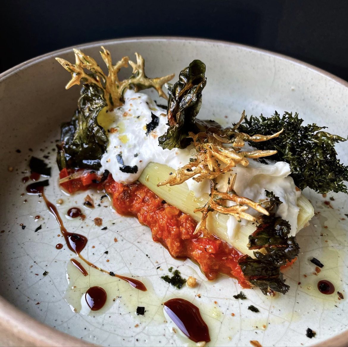 On the specials this week- Fire roasted leek, romesco sauce, burrata &amp; crispy kale finished with nori &amp; bonito flake. #enginesocial #sowerbybridge #happyvalley #michelinguide